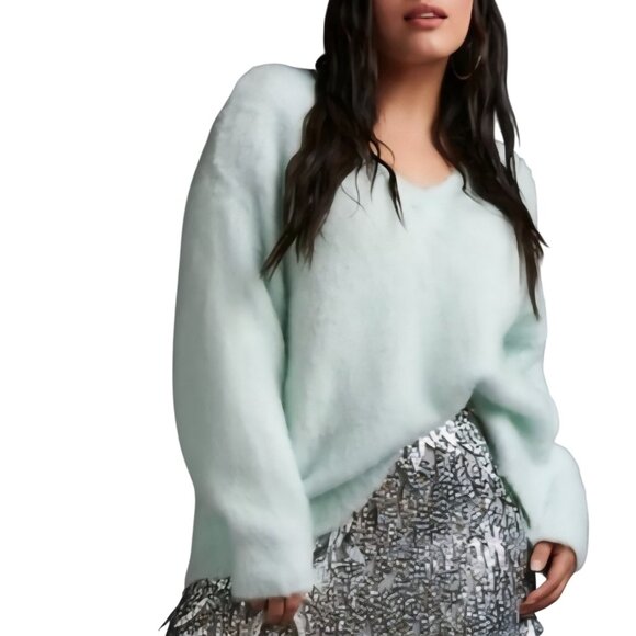 Anthropologie Maeve Plush V-neck Sweater Mint Green Fluffy Cozy Oversized Size S - Picture 7 of 10